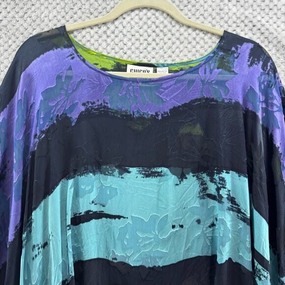 Chicos Design Top ML Blue Silk Burn Out Sheer Floral Boat Neck Shawl Pullover - Picture 3 of 13